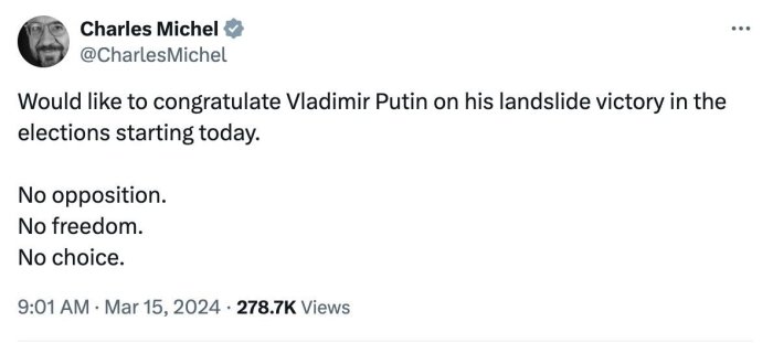 Yevropa Kengashi prezidenti Putinni Rossiyadagi prezidentlik saylovidagi ishonchli g‘alabasi bilan tabrikladi