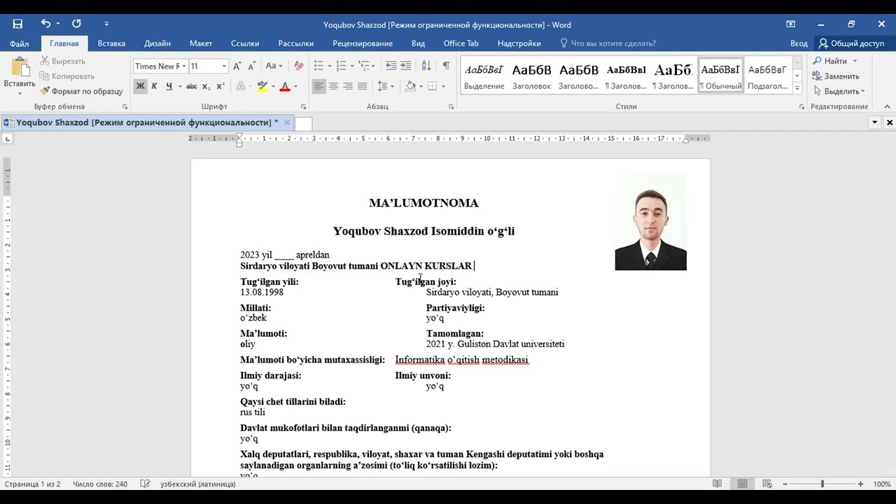 Microsoft Word dasturida matnlarni tahrirlash 8-dars
