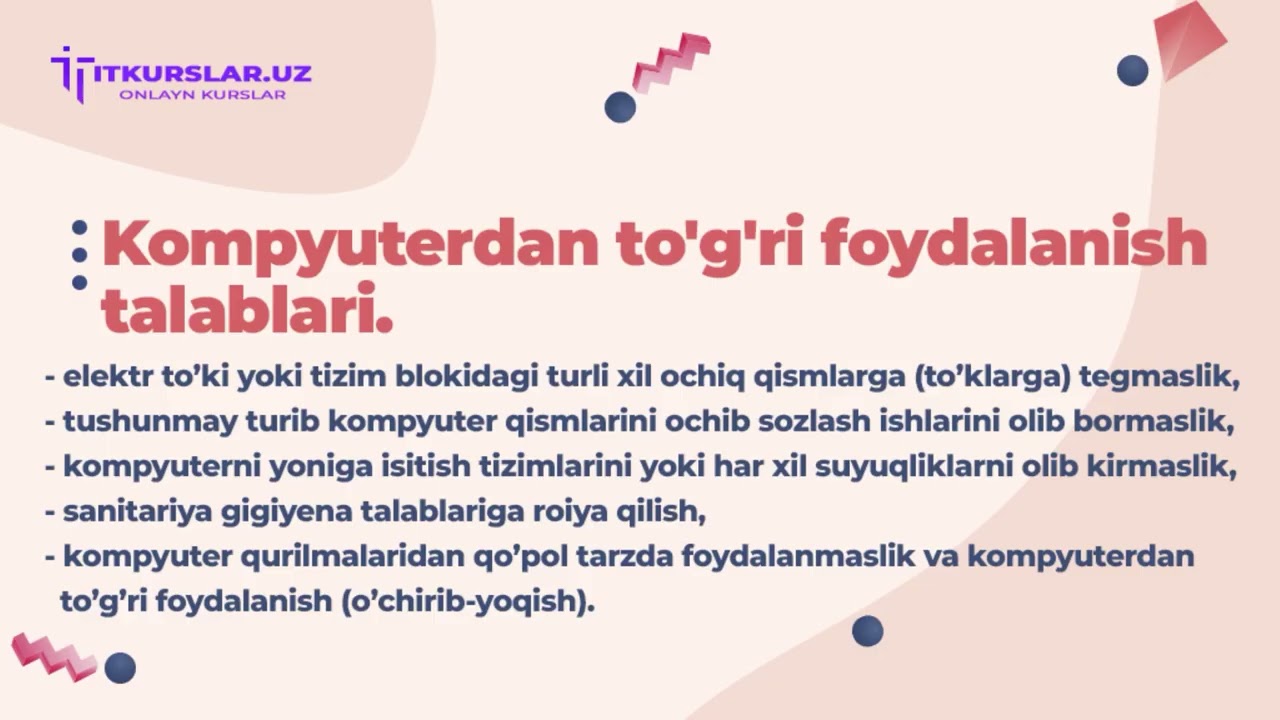 Windows 10 operatsion tizimi va kompyuterdan to‘g‘ri foydalanish qoidalari