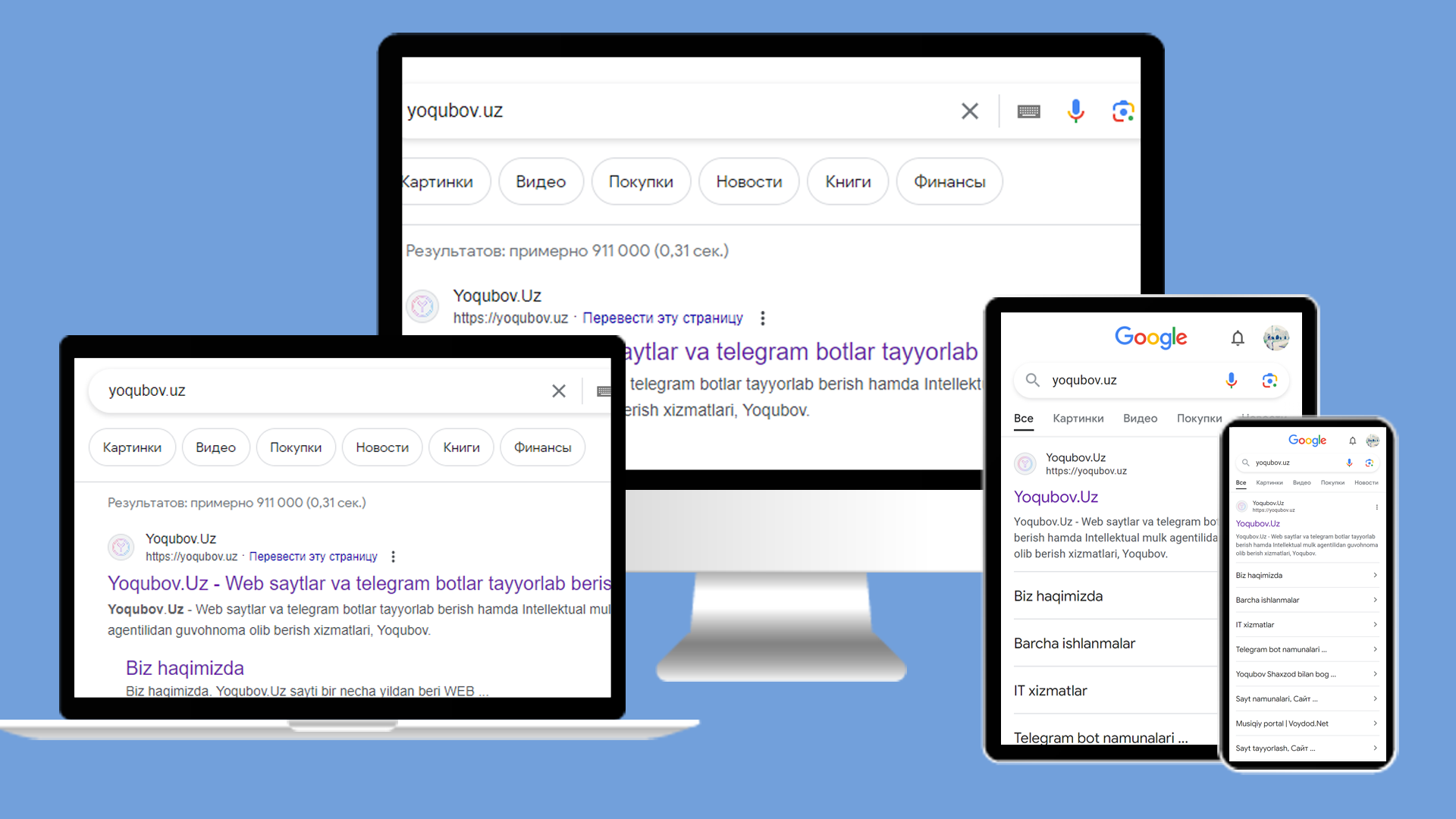 Yoqubov.Uz sayti Google va Yandex qidiruv tizimlarida yaxshi natijalar bilan ko'rsatilmoqda.